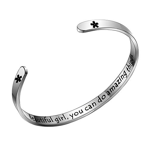 Maxforever Inspirational Gifts" Beautiful Girl, You Can Do Amazing Things" Bracelets for Women Birthday Motivational Cuff Bangle Friendship Personalized Charm Jewelry (Silver)
