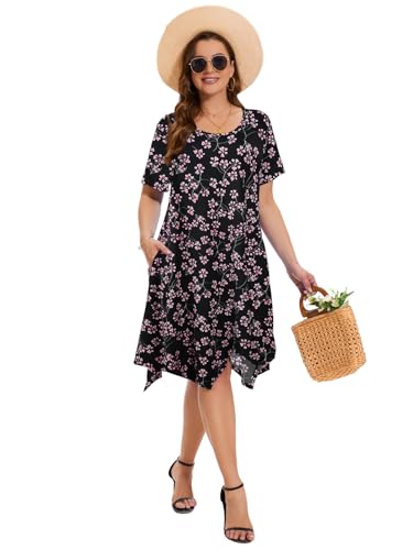 Image of ZENNILO Plus Size Tshirt Dress with Pockets Casual Summer Dresses Crew Neck Short Sleeve Swing Dress for Women