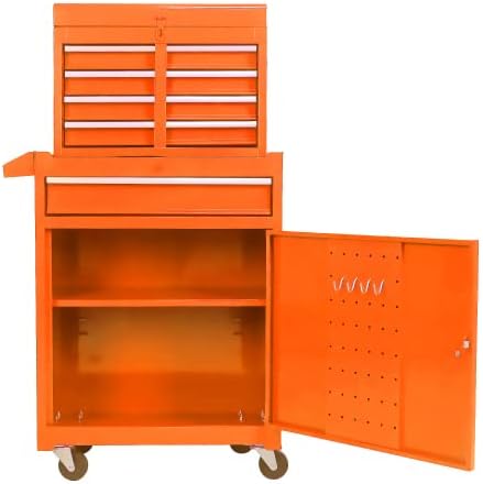 Werkstattwagen mit 5 Schubladen & Rollen | 102 cm Hoher Werkzeugschrank, 100 kg Tragkraft, mit Verstellbaren Regalen & Aufhänge-Lochleiste – Mobiler Schrank für Garage & Werkstatt (Orange)