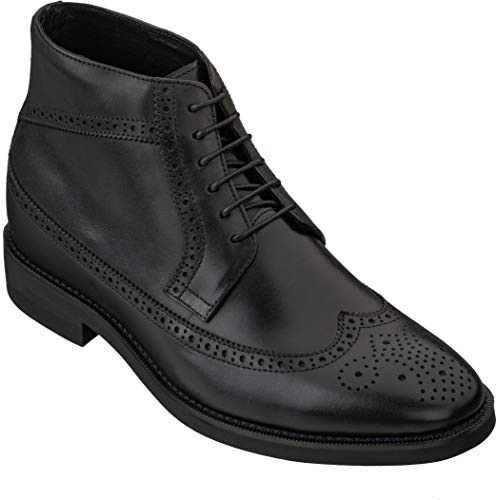 CALTO Men's Invisible Height Increasing Elevator Shoes - Black Premium Leather Lace-up Wing-Tip Dress Boots - 3.2 Inches Taller - S27001 - Size 10 D(M) US