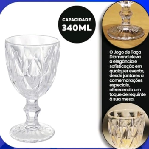 Jogo de 6 Taças de Vidro Diamond Transparente 340 ML