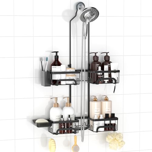 REINHARDT Shower Caddy Hanging for Handheld Showerheads Adjustable Split Shower Caddy, Rustproof Shower Organizer with Hooks for Razors Over the Head Caddy with Soap Holder Bathroom Accessories, Black