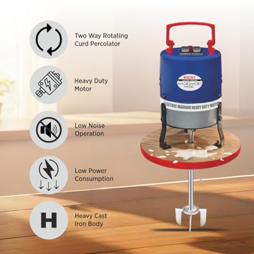 Image of BALTRA Madhani Machine Curd Percolator for Buttermilk, Lassi, Cream (Blue, Madhani (Wooden Plate))