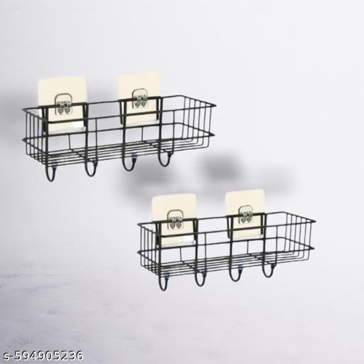 (Combo Offer) 2piC Powder Coated Self-Adhesive Shower Bathroom Shelf with Hooks, Hanging Toiletries Holder Makeup Storage Rack for Bathroom, Kitchen Spice Rack Shelf 3