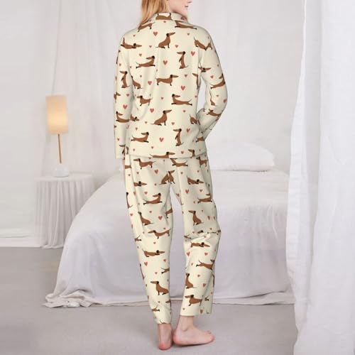 Kuilepa Damen-Pyjama-Set mit Herz-Dackel-Motiv, Knopfleiste, 2-teilig, langärmelig, Schwarz, L