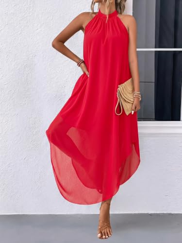 Image of Verdusa Women's Wedding Guest Dress Halter Flowy Chiffon Long Bouncy Dress | Cocktail Dress, Asymmetrical Dress for Women, Sleeveless, Prom Dress, Cruise Outfits, Boho