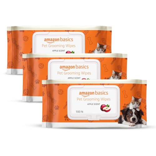 Image of Amazon Basics Pet Grooming Wipes | Mild Scent | Odor Control | Moisturizing | Antibacterial | Safe for All Dogs, Cats, Puppies, Kittens | Suited for Travel & Outdoors | 300 Count (100 x 3 Pack)