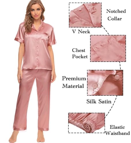 Image of SWOMOG Womens Silk Satin Pajamas Sets 4pcs Sleepwear Sexy Cami Shorts Set and Button Down Short Sleeve Pjs Loungewear Solid Color Gold Pink XX-Large