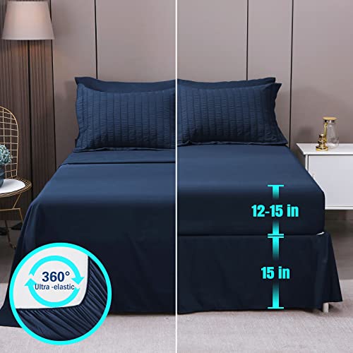 Hymokege Navy Blue Queen Comforter Set Seersucker 8 Pieces, All Season Luxury Bed In A Bag For Bedroom, Bedding Set With Comforters, Sheets & Skirt, Pillowcases & Shams #TOP3