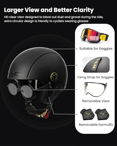 ILM Fahrradhelm für Damen Herren Erwachsene Fahrrad Ski Snowboard Helm mit Abnehmbarem Visier Ohrenschützer ASTM CPSC und CE Z102,Mattschwarz,M