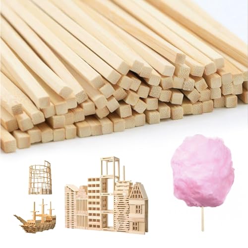 AROMUJOY 200 Stück Holzstäbe Quadratisch Zuckerwatte Stäbe Vierkant Zuckerwattestäbe Eckig 30cm x 4 x 4 mm Holzstäbchen zum Basteln für Holzarbeiten Kunstprojekte & DIY