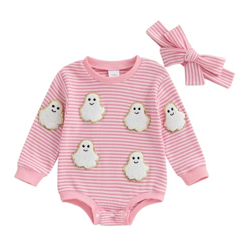 Newborn Baby Girl Halloween Outfit Pumpkin Stripe Long Sleeve Waffle Knit Romper Infant Bodysuit Fall Winter Clothes