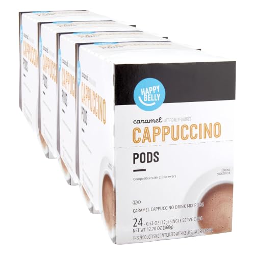 Amazon Brand - Happy Belly Cappuccino Coffee Pods Compatible With K Cup Brewers, Light Roast, Caramel Flavored, 12.72 ounce, 24 Count (Pack of 4)