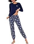 Bresdk Women's Pyjamas Set Long Sleeve Cotton Pjs Loungewear Soft Nightwear Ladies Pyjamas Cute Printed Pattern Sleepwear Set with Pockets Drawstring Two Pieces(Blue,L)