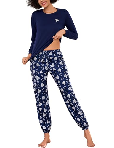 Bresdk Schlafanzug Damen Lang Pyjama Baumwolle Winter Nachtwäsche Herz-Print Schlafanzughosen mit Tasche Warmer Pijamas Set Zweiteilige Schlafanzüge...