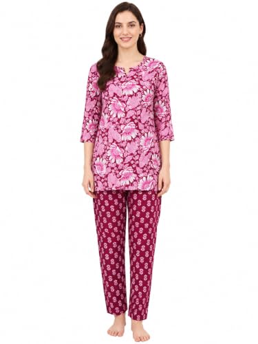 Image of Women's Cotton Night Suit Set, Printed Top and Pyjama, Casual Loungewear Sleepwear for Womens Girls