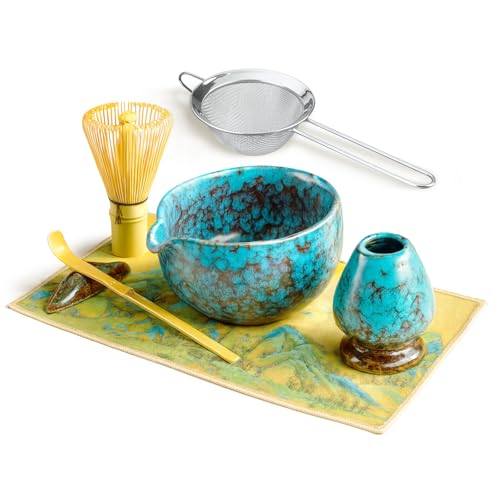 SURFOU Matcha Kit 7 Pièces, Bol avec Bec, Fouet et Cuillère en Bambou, Support pour Chashaku, Chiffon Chakin, Tamis, Coffret Cadeau pour Amateurs de Matcha,...