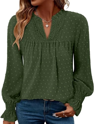 BETTE BOUTIK Women Boho Long Sleeve Shirts Dressy Casual V Neck Fall Fashion Tops Swiss Dot Flowy Blouses