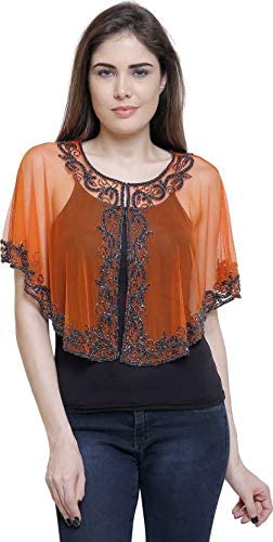 GenericAFashion Women's Net with Bead Embroidery Cut Shoulder Sleeves Poncho