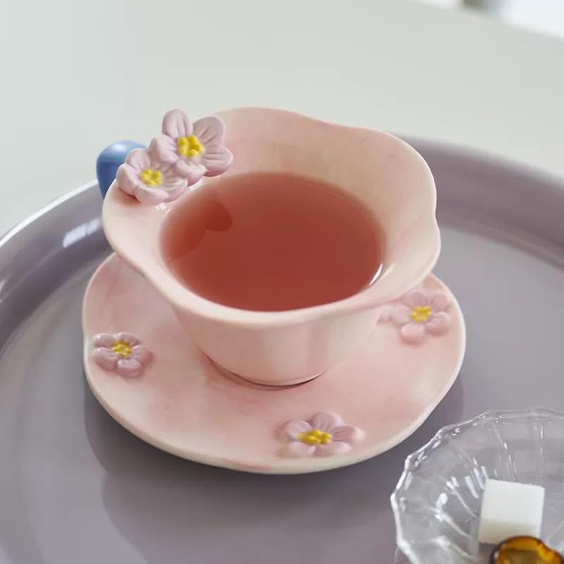 Floral Tea Cups and Saucers, Ceramic Cute Coffee Mug for Women Tea Party, Cappuccino Latte Milk (Pink) - Image 7