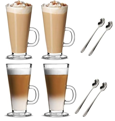 Ever Rich 300ML Latte Glass Tea Coffee Cup Mug (Compatible with TASSIMO & Dolce Gusto) (4 Pack 300ML+Spoons)
