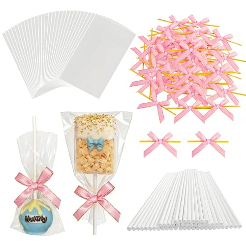 Roxjaejae 150 Pcs Cake Pop Kit Paper Cake Pop Sticks with Clear Cellophane Bags and Pink Bow Twist Ties Cake Pops Making Tools for Lollipops Candies Chocolates Cookies DIY Desserts