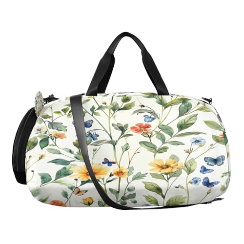 YETTASBIN Sport Travel Duffel Bag for Girls Boys, Flower Leaves Large Waterproof Weekender Overnight Bag, Detachable Shoulder Strap Gym Bag with Shoe Compartment & Wet Pocket2