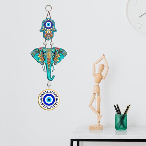 Image of GENXTRA Luxury Designer Elephant Ganesha Evil Eye Wooden Wall Hanging for Luck & Prosperity | Home Decoration | Living Room | Spiritual Decor Items | Ethnic Wall Art | Nazar Protection Hanging