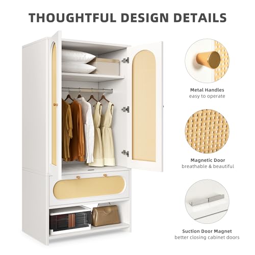DWVO Natural Rattan Armoire Storage Cabinet, 70" Tall Rattan Closet with Doors, Large Wardrobe Cabinet with Storage Drawers & Hanging Rod, Bedroom