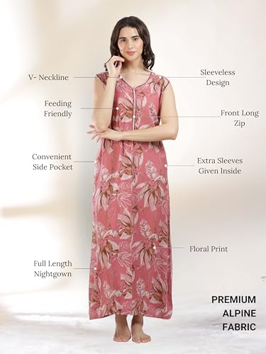 Image of 9shines Label Alpine Sleeveless Nighty | All Over Print Maxi for Women | Night wear for Women | Full Length Night Gown for Women | Night Dress for Women Stylish (Alpine Sleeveless 24)