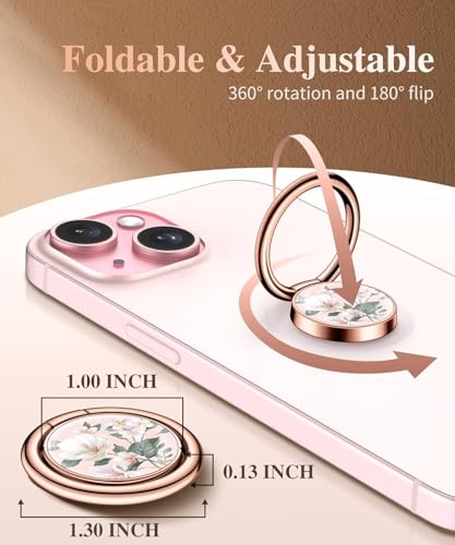 Image of Mizi Marble Cell Phone Ring Holder, Metal Kickstand Grip for Magnetic Car Mount Compatible with iPhone 16 /15 /14 /13 /12 Series & Galaxy S24 /S23 Ultra and Other Phones - White Floral