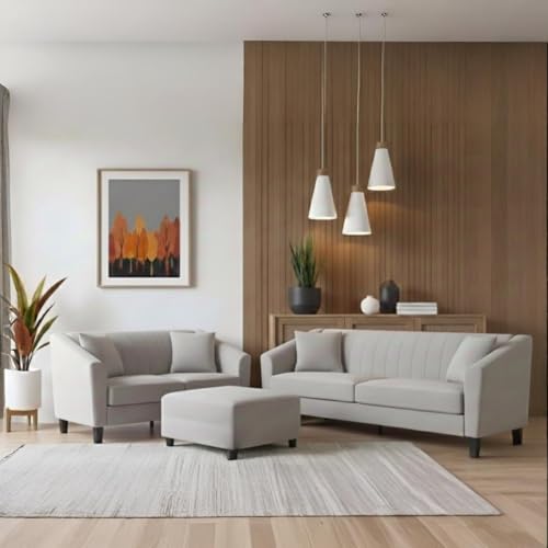 Image of Avion Natalia 3+2 Seater Sofa Set with Ottoman for Living Room Light Grey | Modern 6 Person Sofas Furniture | Fabric Sofa Set 6 Seater Couch for Guests Room Festival Gifts