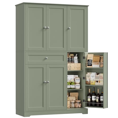HOSTACK 68' Tall Kitchen Pantry Storage Cabinet, Modern Kitchen Hutch Cabinet with Doors and Shelves, Freestanding Food Pantry with Large Storage Drawer for Dining Room, Living Room, Green
