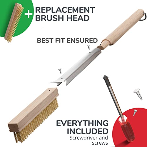 26” Pizza Oven Brush with Stone Scraper - Heat Resistant Stainless Steel Bristles, Extra Long Handle - Compatible with Ooni Ovens - Includes Spare Head