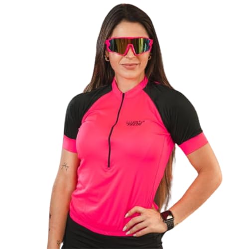 Camisa de Ciclismo Feminina Manga Curta Way Fresh Rosa Choque Proteção UV Slim Confortável Pro Bike