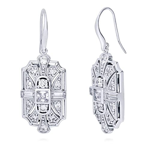 BERRICLE Sterling Silver CZ Dangle Earrings for Women, Trendy Simulated Diamond Cubic Zirconia Drop Earrings - Art Deco, Bar, Flower, Teardrop, Filigree Designs