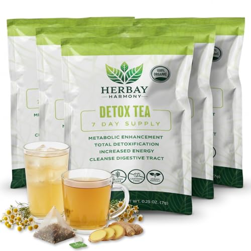 Herbay Harmony Organic Detox Tea – Caffeine-Free Herbal Cleanse for Bloating Relief, Digestive Tea & Natural Body Detox, Organic Herbal Blend with Ginger, Chamomile & Papaya (4 Pack (4‑Week Detox Kit)