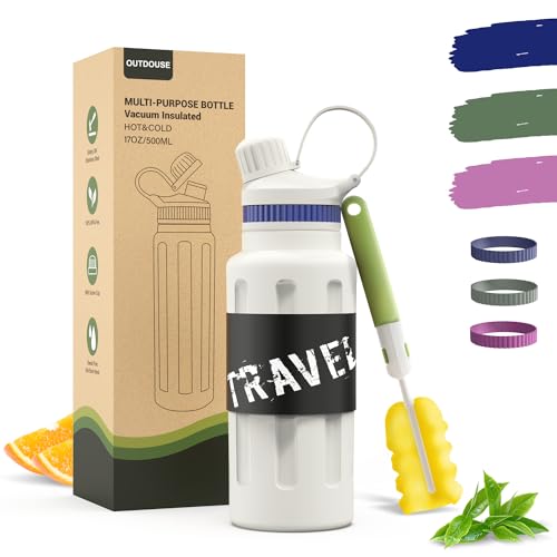 Botella Termica y Termo Agua Fria, Botella Agua Acero Inoxidable,Botellas de Agua de Fugas-500 ML/800 ML con Pajita, 3 Bandas de Silicona Intercambiables, Cantimplora Sin BPA para Viajes (500 ML)