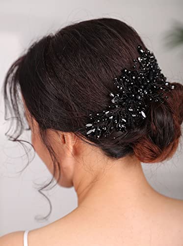 Teyglen Black Rhinestone Hair Comb Crystal Bride Wedding Hair Comb Handamde Black Crystal Hair Pieces Hair Accessories Bridal Black Side Hair Comb For Women Party Prom #TOP4