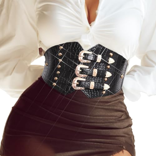 BODIY Black Leather Corset Belt Western Leather Wide Waist Belt Vintage Waist Accessories for Women