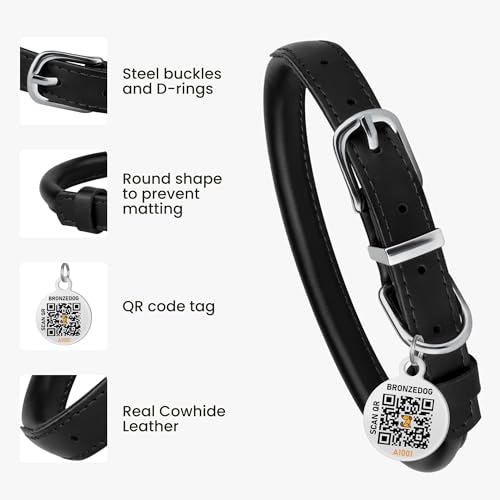 BRONZEDOG Hundehalsband aus gerolltem Leder für kleine, mittelgroße und große Hunde mit QR-ID-Tag (Schwarz glänzend, S: 30-36 cm)