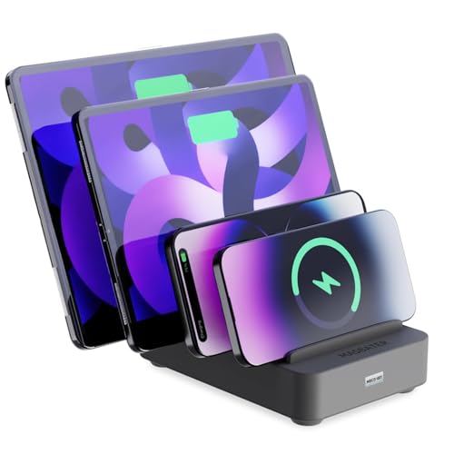 4-Port Charging Station for Multiple Devices, USB Charger Stations Multi-Device Organizer Charging Dock, Compatible with Cell Phones, iPads, Kindle Tablets, and Other Electronics (Gray)