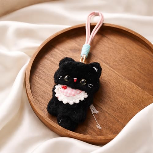 Image of Cute Black Cat Plush Keychain with Pink Gingham Bib & Red Nose | Soft Mini Kitty Bag Charm with Hanging Loop Strap | Kawaii Keyring Gift for Girls, Kids & Cat Lovers