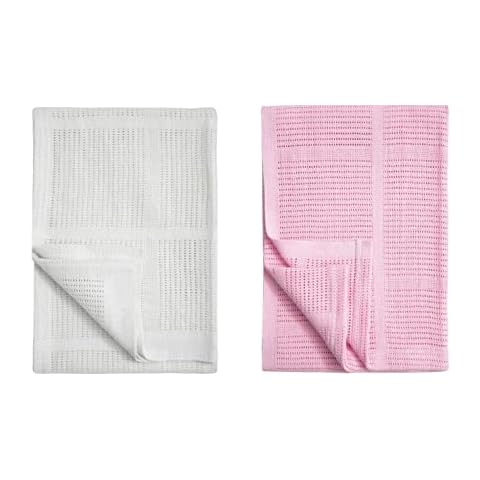 Pack of 2 Newborn Baby Girl Boy Unisex Extra Soft Light Weight Cellular Blankets| 100% Cotton Machine Washable| Fits for Moses Basket Pram Crib Travel Car Home| 70 X90 CM Value Pack (White & Pink) Cover