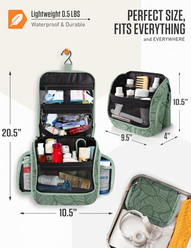 Image of VENTURE 4TH Hanging Travel Toiletry Bag, 17 Compartments - Green Leaves | Hangs on rails, hooks or doors; stands upright too. Removable TSA pouch. Water-resistant 900D Nylon, reinforced stitching.