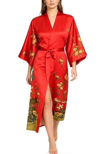 Image of Women's Classic 100% Silk Kimono Robe, Bathrobe-Printed Pattern
