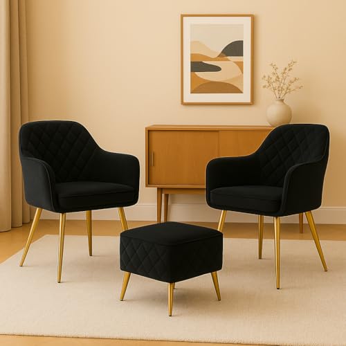 Image of Barfi Velvet Dining Chair | Set of 2 Premium Modern Upholstered Accent Chair with Armrest, Padded Seat and Metal Legs | Comfy Chair for Home, Office & Restaurents | (Black with Puffy)