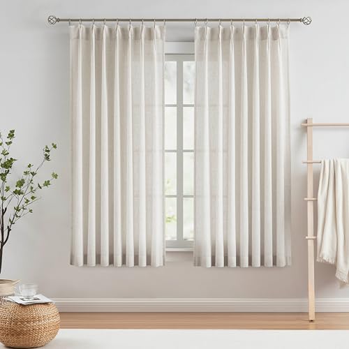 Image of Vision Home Natural Pinch Pleated Semi Sheer Curtains Textured Linen Blended Light Filtering Window Curtains 72 inch for Living Room Bedroom Pinch Pleat Drapes with Hooks 2 Panels 42 inch Wx72 L