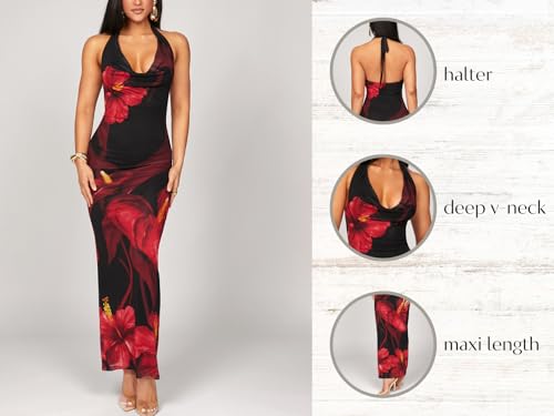 SOLY HUX Women's Floral Halter Maxi Dress Draped Cowl Neck Backless Bodycon Wedding Guest Party Mesh Cocktail Long Dresses3