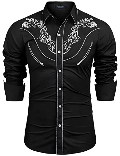 COOFANDY Men's Western Cowboy Shirt Long Sleeve Slim Fit Rose Embroidered Cotton Casual Button Down Shirts